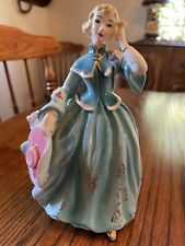 Vintage Ceramic Lady in Blue with Pink Hat Gold Trim Planter picture