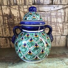 Ceramic Jar With Lid Blue And Green Signed Vintage Mexican Pottery Hand Painted picture