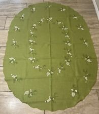 Vintage MCM Embroidered Needlepoint Daisy Floral Linen Tablecloth 69x39 inches. picture