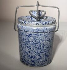 Vintage Blue Speckled Stoneware Cheese/Butter Crock With Wire Bail Lid Closure picture