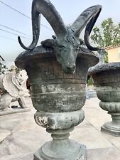 Large Pair of Antique Patinated Ram Goat Head Bronze Urn Planters picture