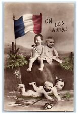 c1910's WWI French Patriotic Cute Babies Posted Antique RPPC Photo Postcard picture