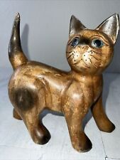 Cat Wood Sculpture Vintage Carved Wooden Siamese Mid Century Modern 7” Tall CUTE picture
