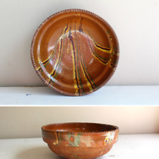 East European Vintage Faience Marbled Terracotta Bowl Rustic Primitive Pottery picture
