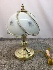 VTG White Glass 6 Panel Shade Boudoir Touch Lamp Brass Blue Floral 15”H 3 Way picture