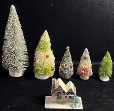 Vintage Lot Of 5 Bottle Brush Christmas Trees And Putz House Mica Snow, Sponge picture