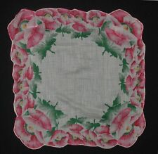 Beautiful Vintage Hankie Red Pink Roses Hand Rolled Scalloped Edge White Ground picture
