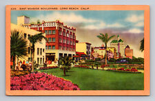 Linen Postcard East Seaside Blvd Long Beach CA Flowers Palms Cars picture