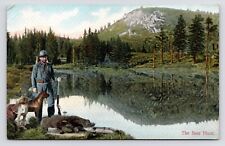 c1908~The Bear Hunt~Hunter w/ Rifle & Dogs~Lake & Mountain~Antique Postcard picture