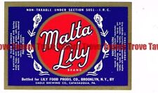 Unused 1950s PA Catasauqua Lily Food Products Brooklyn MALTA LILY 12oz Label picture
