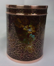 Vintage Cloisonné Enamel On Copper Brown Floral Jar With Lid  Blue Enamel Lining picture