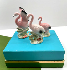 Vintage Pink Flamingo Bird Miniature Figurine Bone China Set of 3 Japan picture