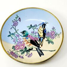 Porcelain Hand Painted Bowl with 2 Brightly Colored Birds Brass Trim - 6