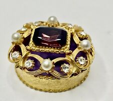 Gold Tone Faux Pearl Rhinestone Florenza Signed Jewelry Trinket Pill Box Vintage picture