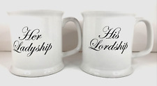 Her Ladyship His Lordship Coffee Tea Cups Pair Mugs EUC White Black Letters picture