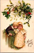 Antique Christmas Postcard 1913 Embossed Merry Xmas Children Holly Berries picture