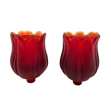 2 Vintage FAROY Red Amberina Glass TULIP Peg Votive Candle Holders Satin Glows picture