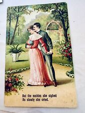POSTCARD VICTORIAN ROMANCE LOVERS GIVING FLOWER EMBOSSED CARD #474 picture