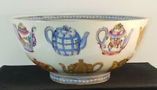 Oriental Porcelain Decorative Bowl with Tea Pots Motif - Vintage Chinese Accent picture