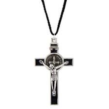 Silver Toned and Black Enamel Saint Benedict Crucifix Pendant Necklace 30 Inch picture