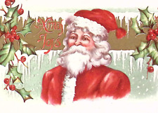 c1910 Christmas Postcard Xmas Joys Short Bearded Santa Poses with Icicle Banner picture