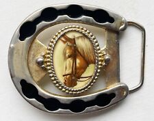 Vtg Brass Horseshoe 4” Belt Buckle Good Luck Western Cowboy Rodeo Old USA picture