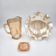 Vintage Jeanette Bowl & Pitcher & Ashtray Set Floragold Louisa Carnival Glass picture