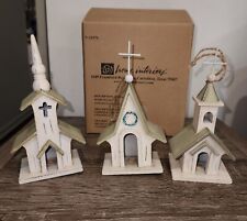 Set of 3 Vintage Wooden Light Up Cottage Style Church Ornaments Wooden Church picture