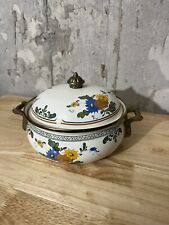 Vintage White & Floral Enamel 10” Dutch Oven with Brass Handles picture