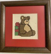 VINTAGE FRAMED CHRISTMAS NEEDLEPOINT  Teddy Bear with Gift Finished 7 X 7 * picture