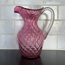 Vintage Pink Cranberry Glass Diamond Pattern Applied Swirl Handle Pitcher picture