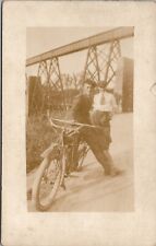 RPPC Young Men with Motorbike Below Railroad Bridge Postcard Y17 picture