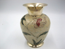 Cloisonne Vase Vintage Brass Enamel Peonies Floral Polished picture
