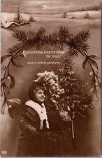 Vintage CHRISTMAS GREETINGS Postcard Boy & Girl / Xmas Tree - EAS Photo RPPC picture