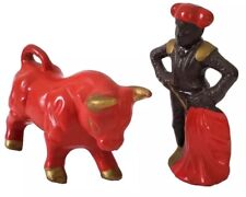 VTG Mid Century Ceramic Red Gold Bull & Matador Figurines picture