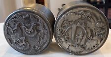 VTG TWO (2) HANDMADE LIDDED ROUND TINS, NOAH’S ARK & A FAMILY OF OWLS, 2.75”x4” picture