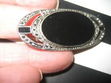 Vtg Silver Black Enamel OVAL PIN Brooch Costume Jewelry VICTORIAN Filigree PIN 1 picture