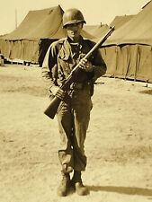 XA Photograph Handsome US Military Soldier Portiati With Rifle Gun Tents 40-50's picture