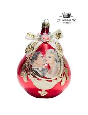 Antique Mercury Glass & Paper Newly Weds Motif European Red Christmas Ornament picture