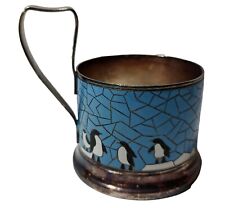 Vintage Soviet Russian Podstakannik Blue Tea Glass Holder Enamel Penguins picture
