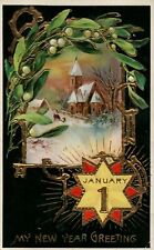Gel Winter Church Scene Gold Holly Jan 1 Star New Year Greeting Series 7004-A picture