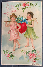 Vintage Victorian Postcard 1909 Valentine's To One I Love - Angels with Heart picture