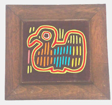 Vintage Bent Beak Bird Mola Framed on Board Rainbow Single Needle Art Sewn 10x11 picture