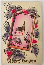 Vintage Embossed Postcard A Merry Christmas Church Scene Glitter Paint Holly picture