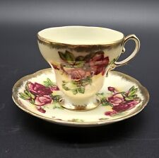 Vintage Norcrest China Footed Tea Cup Saucer Golden Rose Hand Painted Floral picture