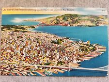 Vtg Linen Postcard San Francisco CA Air View Golden Gate & Oakland Bay Bridges picture