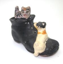 Dog & Cat in Shoe Porcelain Black Shoe Vintage Miniature Match Holder picture