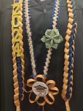 2024 Graduation Ribbon lei navy blue & Old gold Set Of Open Lei & Rosette Lei picture