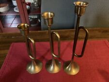 Vintage Bugle Horn Trumpet Candlestick 9”, 8”, And 7” Brass Taper Candle Holder picture