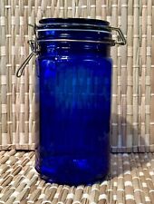 Vintage 7” Cobalt Blue Glass 12 Panel Canister Jars w/ Wire Bail Lid picture
